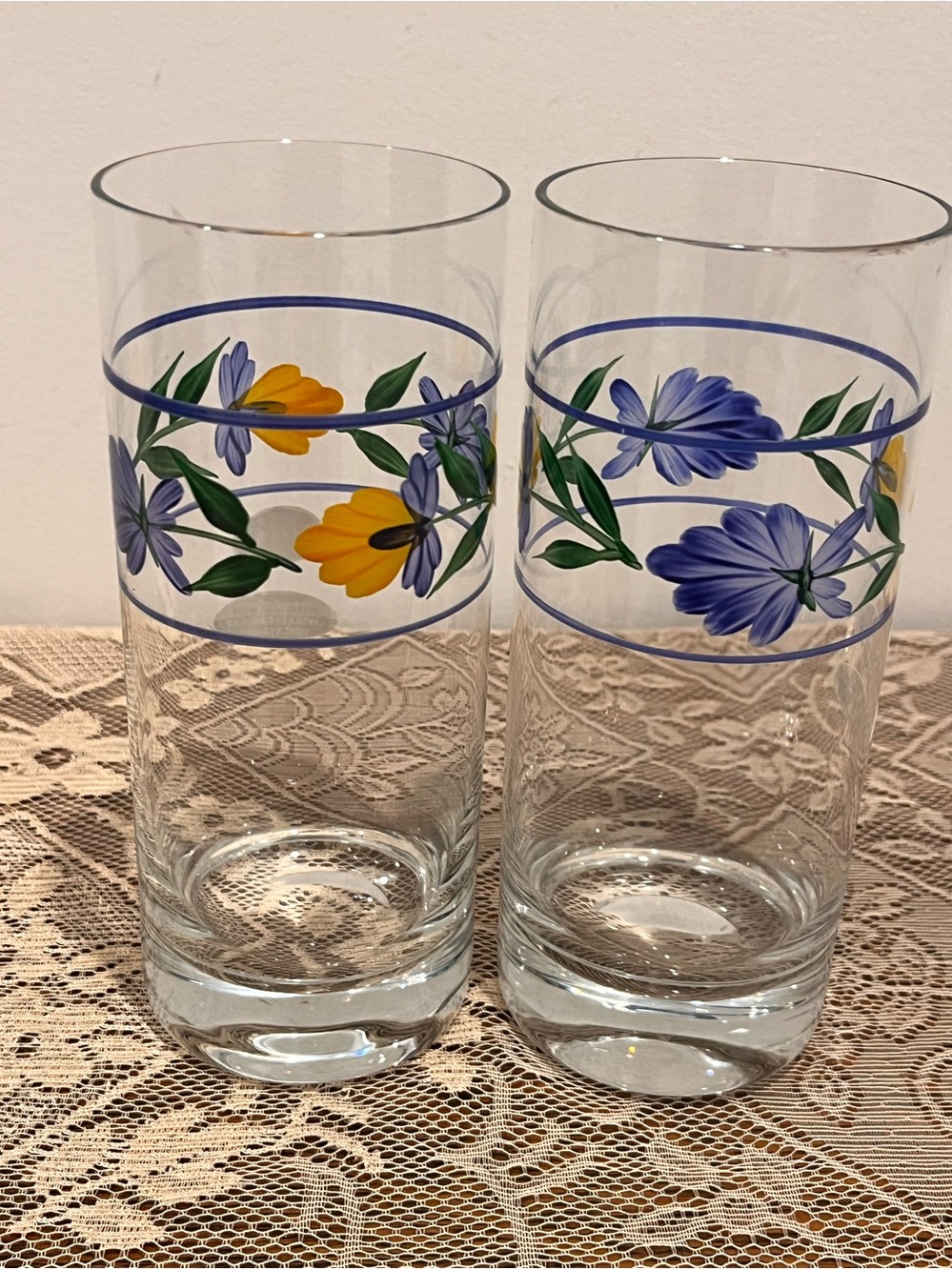 Hand-Painted Romanian Floral Highball Glasses - Blue & Yellow nwt